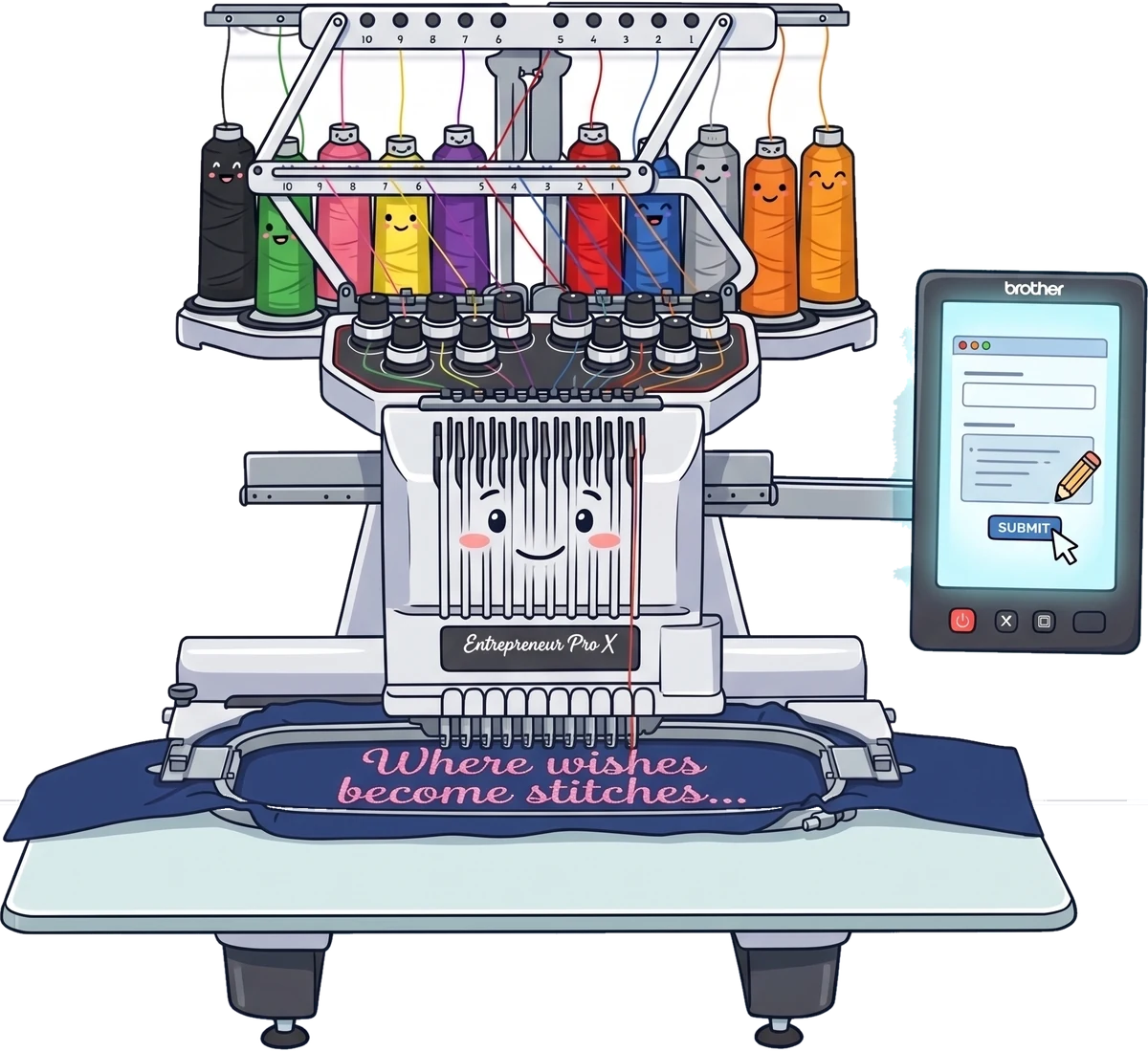 My ten-cone embroidery machine mid-stitch, working the words &ldquo;Where wishes become stitches&hellip;&rdquo; in pink thread across navy fabric.